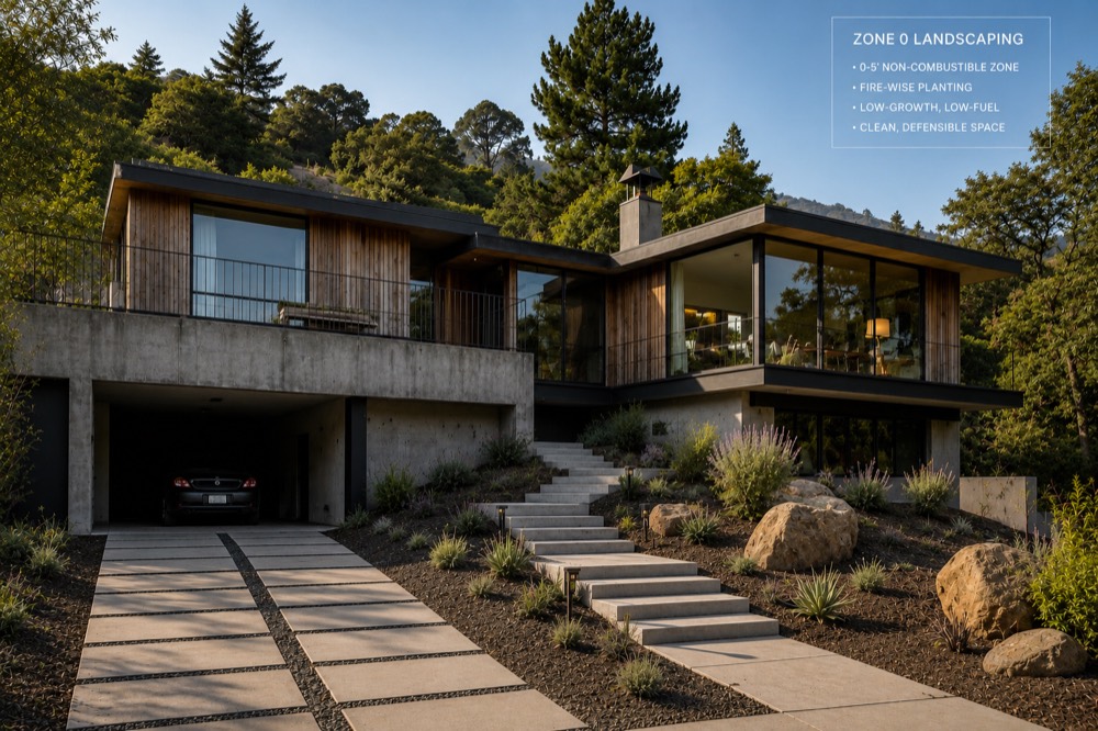 Same hillside home after Zone 0 fire-adapted redesign