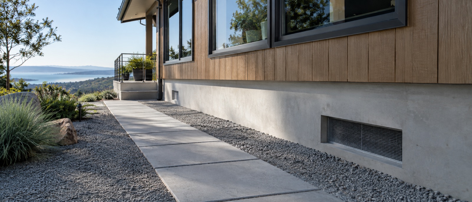 Gravel ground cover and a mesh-screened foundation vent along a home's non-combustible first five feet