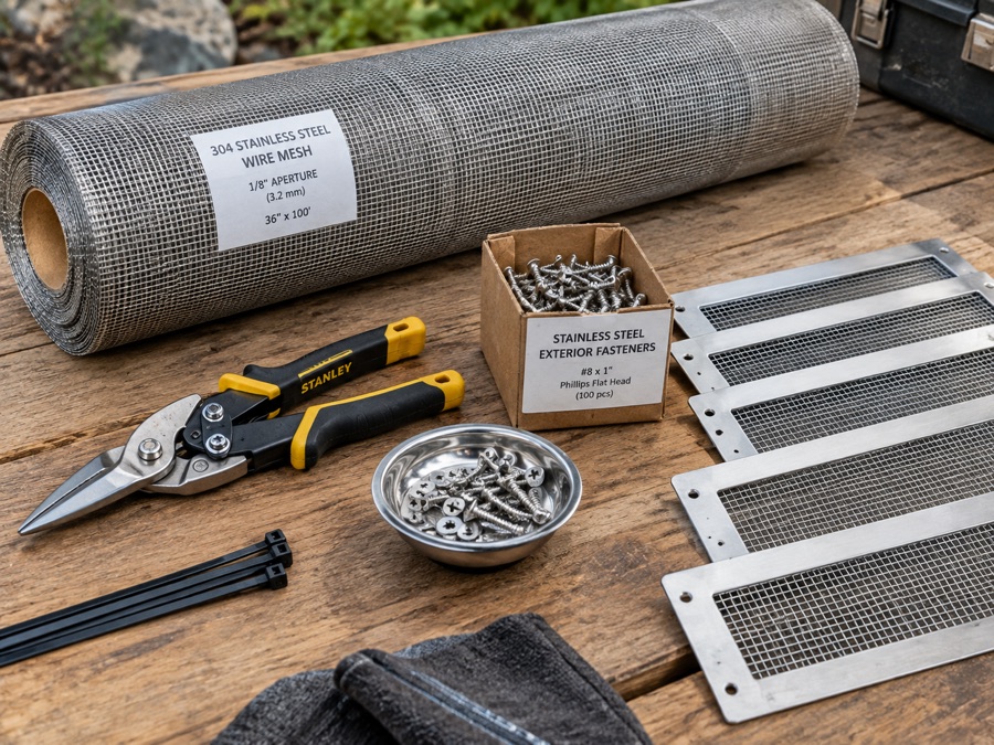 Bulk stainless steel wire mesh roll with gable vent retrofits and fasteners