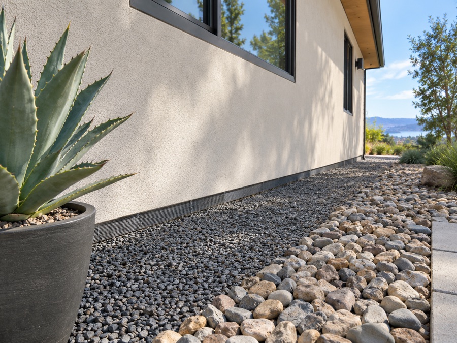 Non-combustible gravel ground cover against a foundation with a mesh-screened vent