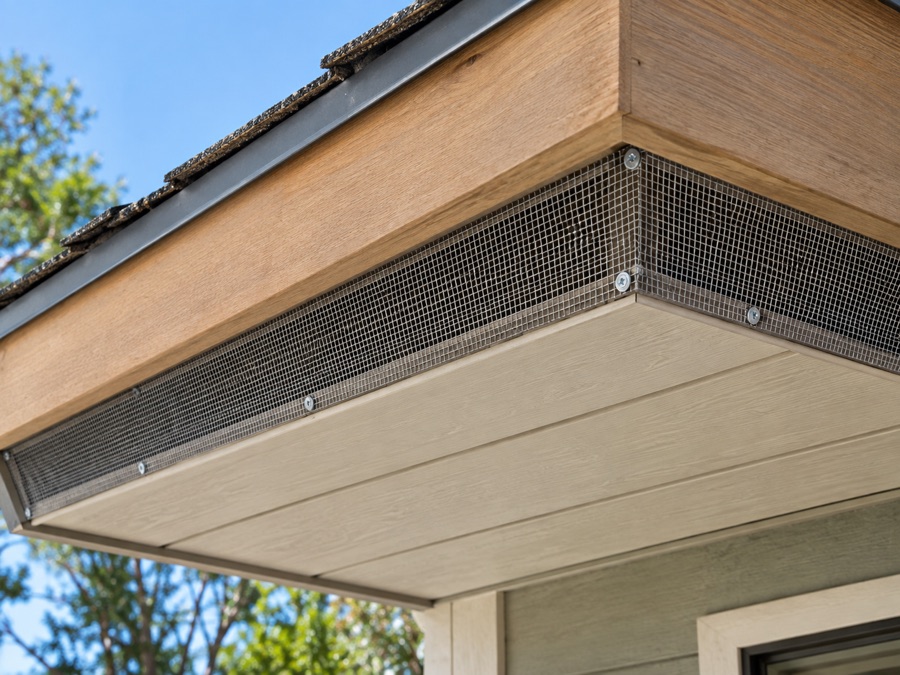 Soffit vent retrofitted with fine metal mesh screening